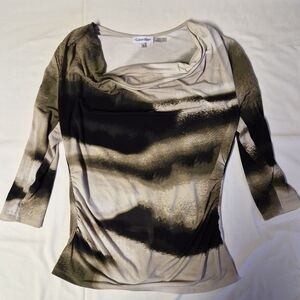Calvin Klein Abstract Print Cowl Neck Top - Ruched Side, 3/4 Sleeve - Size M